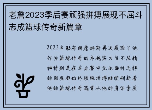 老詹2023季后赛顽强拼搏展现不屈斗志成篮球传奇新篇章