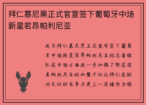 拜仁慕尼黑正式官宣签下葡萄牙中场新星若昂帕利尼亚